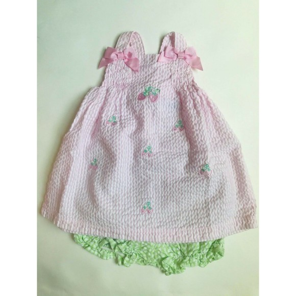 Girls Size 9M 6-9 Months 3 Piece Pink Strawberry Designed Dress, Hat + Bloomer - Picture 2 of 8